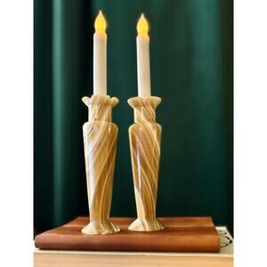 Vintage Egyptian Alabaster Marble Onyx Vases Candle Holders Set of 2 Handmade